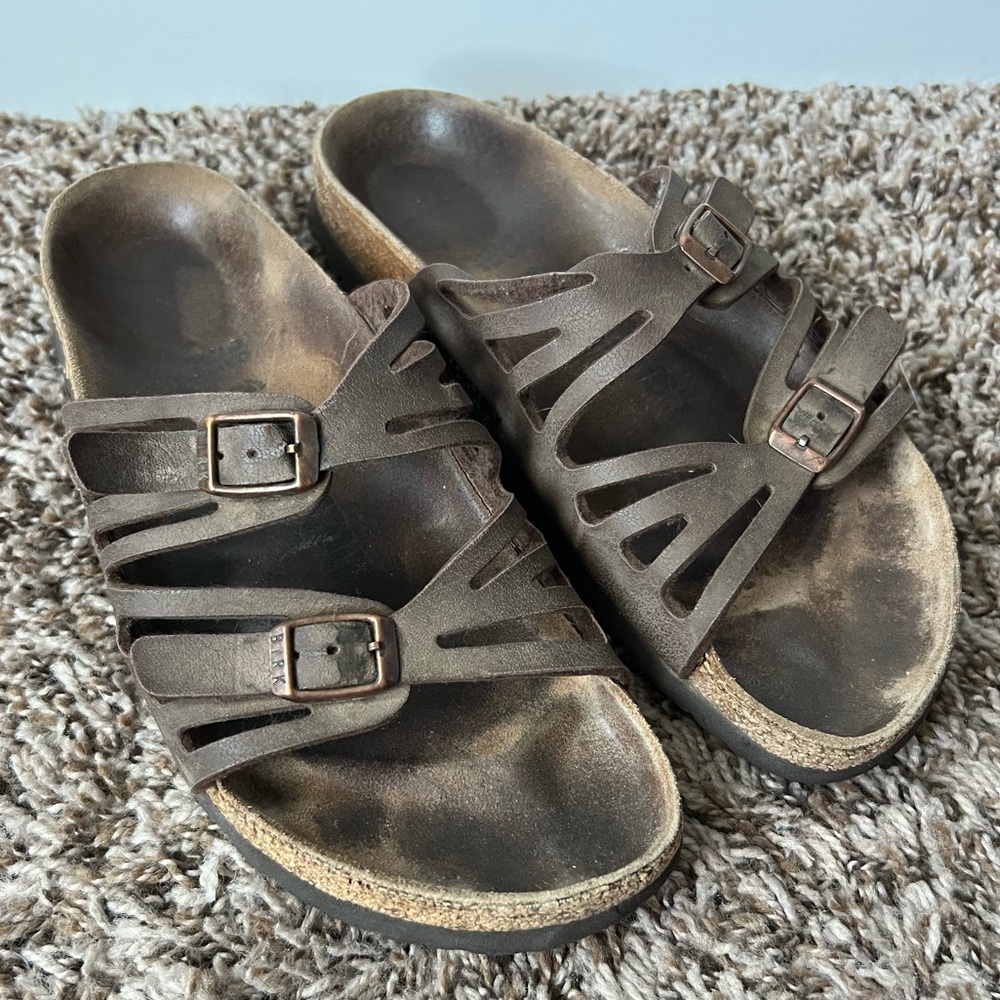 Birkenstock brown two strap Granada slide on sandals Women’s sz 38 / 7
